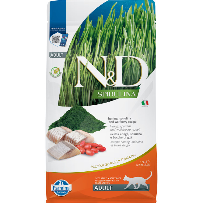Farmina N&amp;D Cat Spirulina Herring &amp; Wolfberry Adult сухой корм для взрослых кошек, с сельдью и ягодами годжи - 1,5 кг