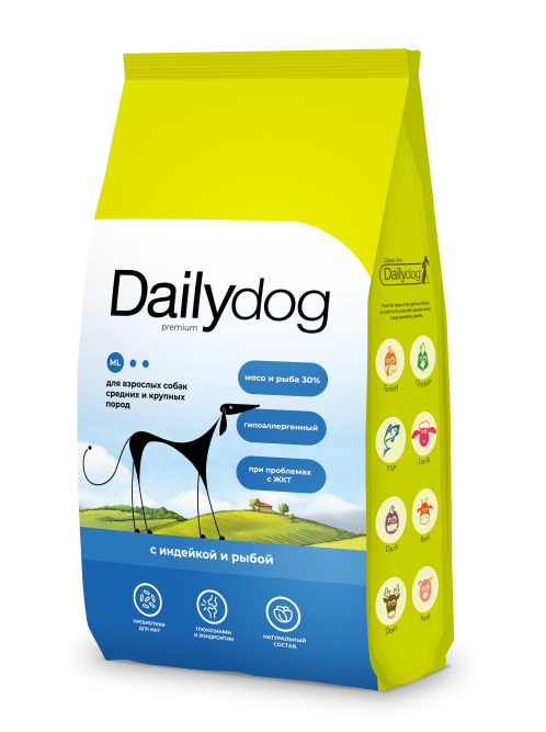 Dailydog Classic Line сухой корм для взрослых собак средних и крупных пород, с индейкой и рыбой - 1,5 кг