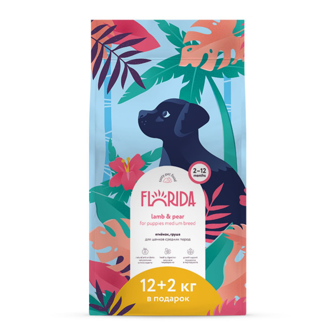 Florida сухой корм для щенков средних пород с ягненком и грушей - 12+2 кг