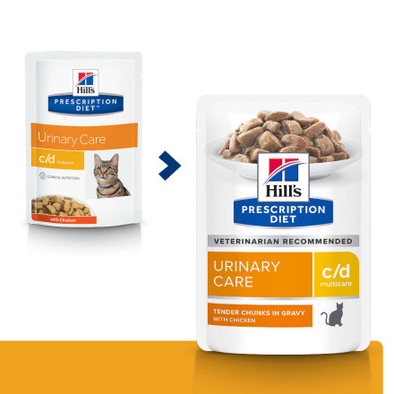 Hills Prescription Diet c/d диетический влажный корм для взрослых кошек для профилактики МКБ и струвитов с курицей, в паучах - 85 г х 12 шт