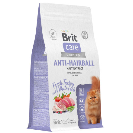 Brit Care Cat Anti-Hairball сухой корм для взрослых кошек для выведения шерсти из желудка, с белой рыбой и индейкой - 1,5 кг