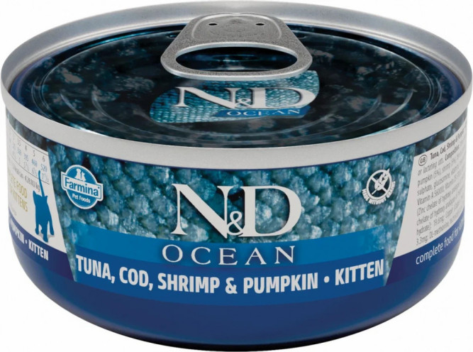 Farmina N&amp;D Cat Ocean Tuna, Cod, Shrimp &amp; Pumpkin Kitten влажный корм для котят с тунцом, треской, креветками и тыквой - 70 г х 30 шт
