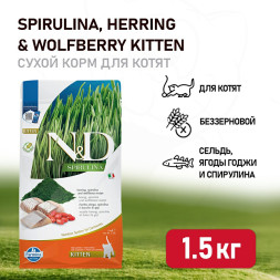 Farmina N&amp;D Cat Spirulina Herring &amp; Wolfberry Kitten сухой корм для котят, с сельдью и ягодами годжи - 1,5 кг