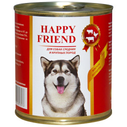 Happy Friend влажный корм для взрослых собак средних и крупных пород мясное ассорти, в консервах - 750 г х 9 шт