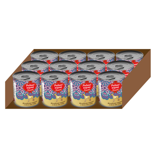 Родные Корма "Нежные" влажный корм для взрослых собак Желудочки куриные в желе в консервах - 240 г х 12 шт