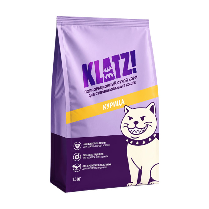 KLATZ! сухой полнорационный корм для взрослых стерилизованных кошек с курицей - 1,5 кг