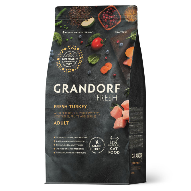Grandorf Fresh Cat Adult Turkey&amp;Sweet Potato сухой беззерновой корм с живыми пробиотиками для взрослых кошек с индейкой и бататом - 2 кг