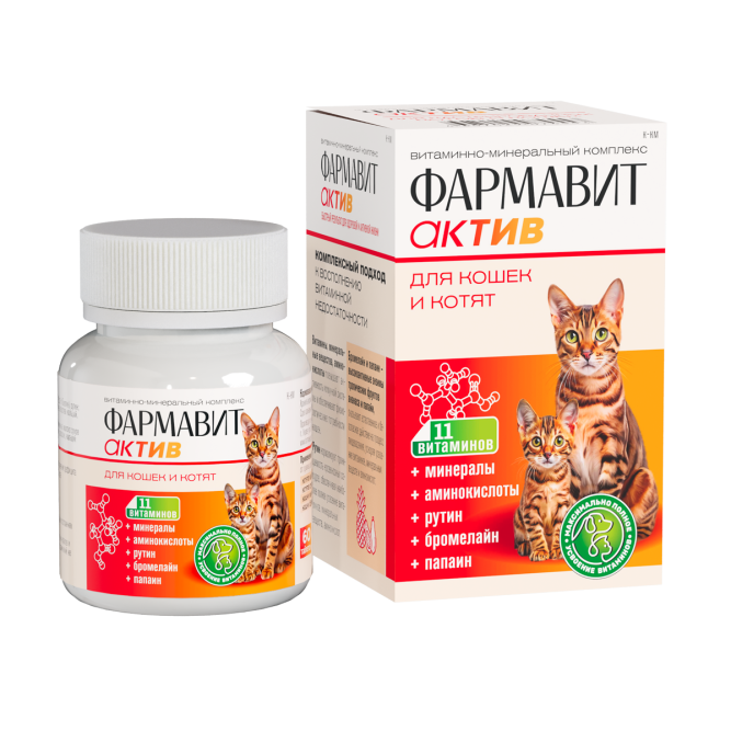 Фармавит Актив витаминно-минеральный комплекс с энзимами для кошек и котят - 60 таблеток