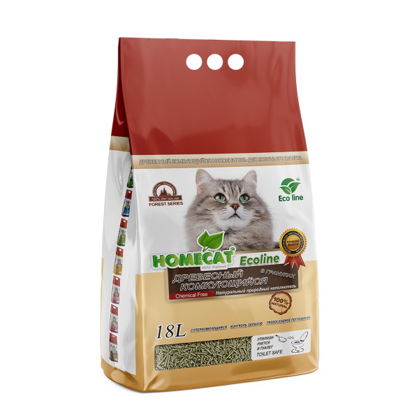 HOMECAT Ecoline древесный комкующийся наполнитель в гранулах - 18 л