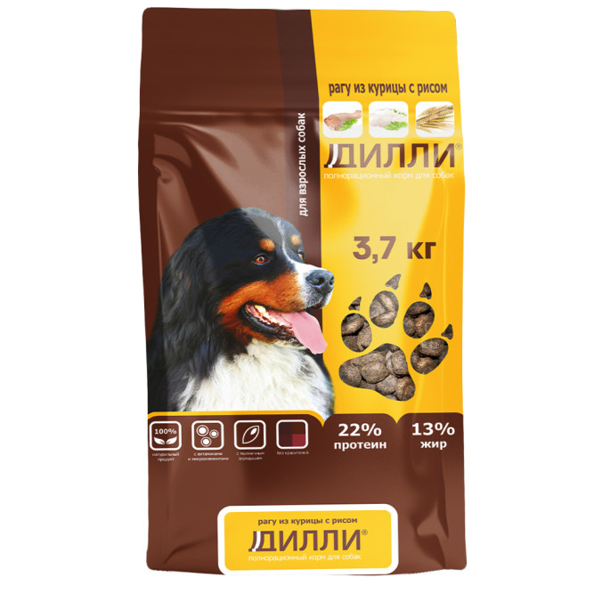 Дилли сухой корм для взрослых собак рагу из курицы с рисом - 3,7 кг