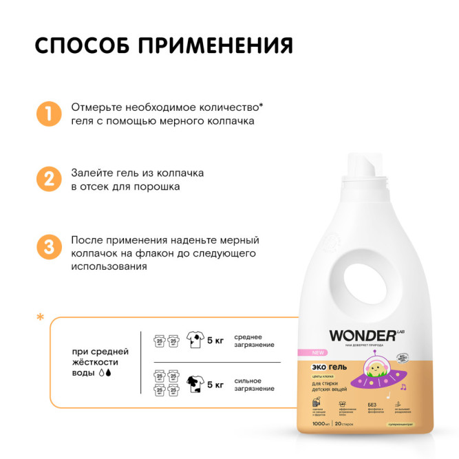 WONDER LAB экогель для стирки детских вещей, цветы хлопка - 1 л