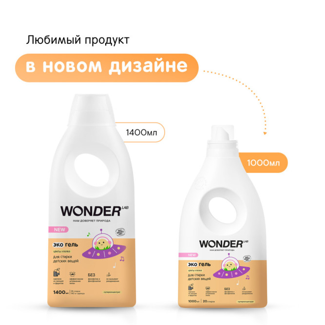 WONDER LAB экогель для стирки детских вещей, цветы хлопка - 1 л