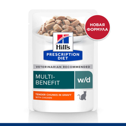 Hills Prescription Diet w/d влажный диетический корм для взрослых кошек при сахарном диабете с курицей, в паучах - 85 г x 12 шт