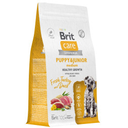 Brit Care Dog Puppy&amp;Junior M Healthy Growth сухой корм для щенков средних пород, с индейкой и уткой - 1,5 кг