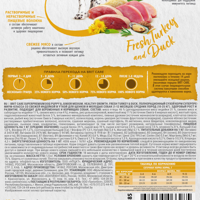 Брит Кеа Dog Puppy&amp;Junior M Healthy Growth сухой корм для щенков средних пород, с индейкой и уткой - 1,5 кг