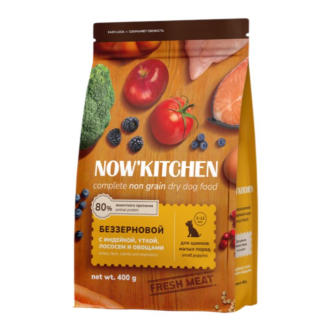 NOW' Kitchen сухой беззерновой корм для щенков малых пород с индейкой, уткой, лососем и овощами - 400 г