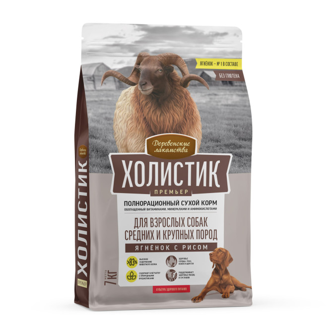 Деревенские лакомства Холистик Премьер сухой корм для взрослых собак средних и крупных пород с ягненком и рисом - 7 кг
