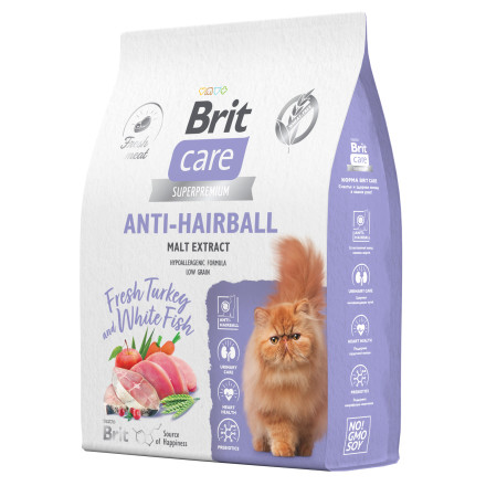 Brit Care Cat Anti-Hairball сухой корм для взрослых кошек для выведения шерсти из желудка, с белой рыбой и индейкой - 7 кг