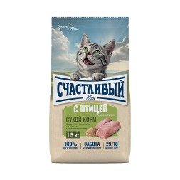 Счастливый кот сухой корм для взрослых стерилизованных кошек с птицей - 1,5 кг