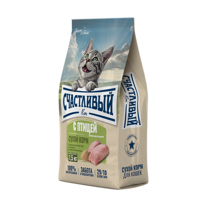 Счастливый кот сухой корм для взрослых стерилизованных кошек с птицей - 1,5 кг