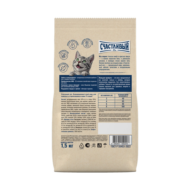 Счастливый кот сухой корм для взрослых стерилизованных кошек с птицей - 1,5 кг