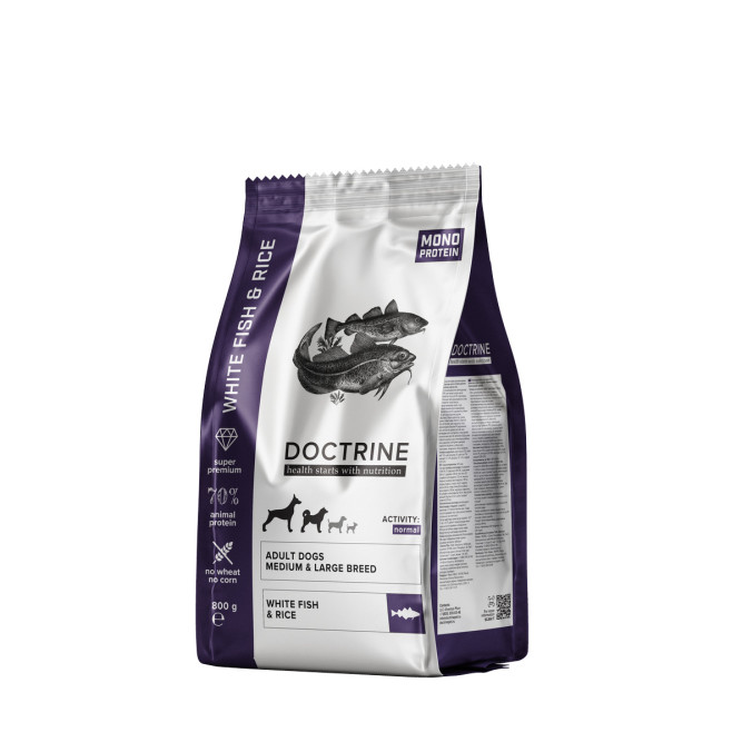 Doctrine сухой корм для взрослых собак средних и крупных пород, с белой рыбой и рисом - 800 г
