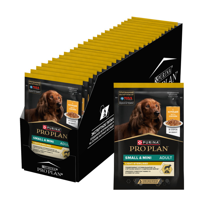 Pro Plan Adult влажный корм для взрослых собак мелких и карликовых пород, склонных к набору веса, с курицей в соусе - 85 г х 26 шт
