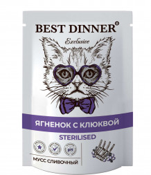 Best Dinner Exclusive Sterilised мусс сливочный ягненок с клюквой паучи для стерилизованных кошек - 85 г х 24 шт