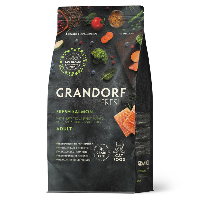 Grandorf Fresh Cat Adult Salmon&amp;Sweet Potato сухой беззерновой корм с живыми пробиотиками для взрослых кошек с филе лосося и бататом - 400 г