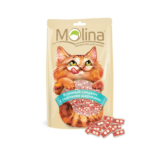 Лакомство Molina для кошек Куриный сэндвич с сырными шариками, 80г