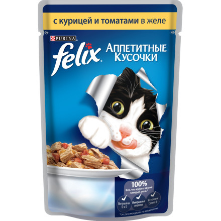 Паучи Felix Аппетитные кусочки для кошек с курицей и томатами в желе - 85 г