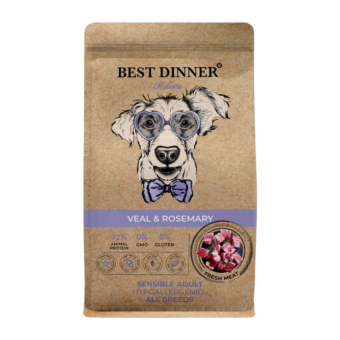 Best Dinner Holistic Adult Sensible Hypoallergenic All Breeds Veal&amp;Rosemary сухой корм для собак всех пород склонных к аллергии и проблемам с пищеварением с телятиной и розмарином - 3 кг