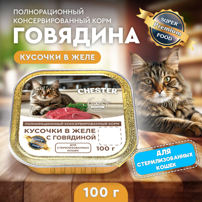 Chester влажный корм для взрослых стерилизованных кошек, кусочки в желе с говядиной, в ламистерах - 100 г х 16 шт