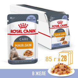Royal Canin Hair&amp;Skin Care влажный корм для взрослых кошек, для поддержания здоровья кожи и красоты шерсти, тонкие ломтики в желе, в паучах - 85 г х 28 шт