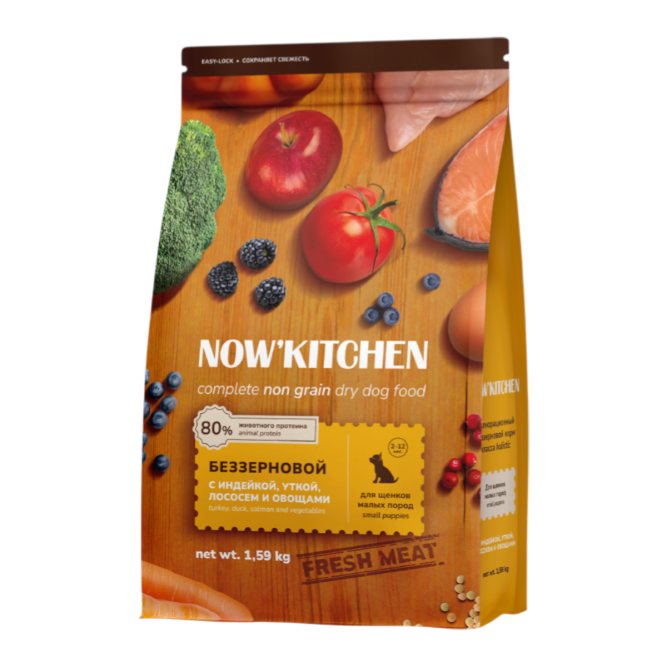 NOW' Kitchen сухой беззерновой корм для щенков малых пород с индейкой, уткой, лососем и овощами - 1,59 кг