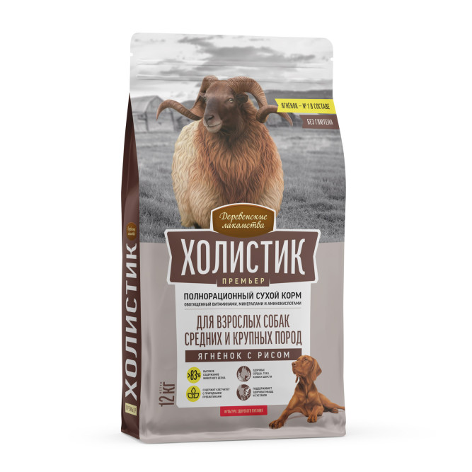 Деревенские лакомства Холистик Премьер сухой корм для взрослых собак средних и крупных пород с ягненком и рисом - 12 кг