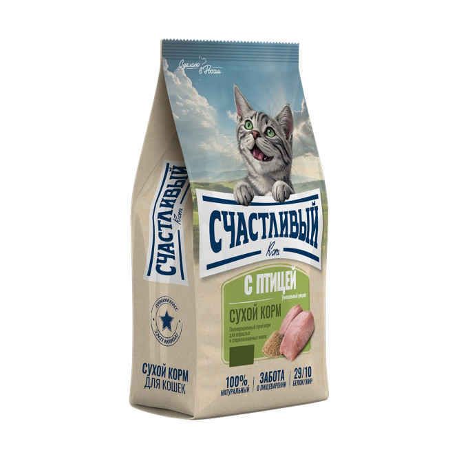 Счастливый кот сухой корм для взрослых стерилизованных кошек с птицей - 10 кг