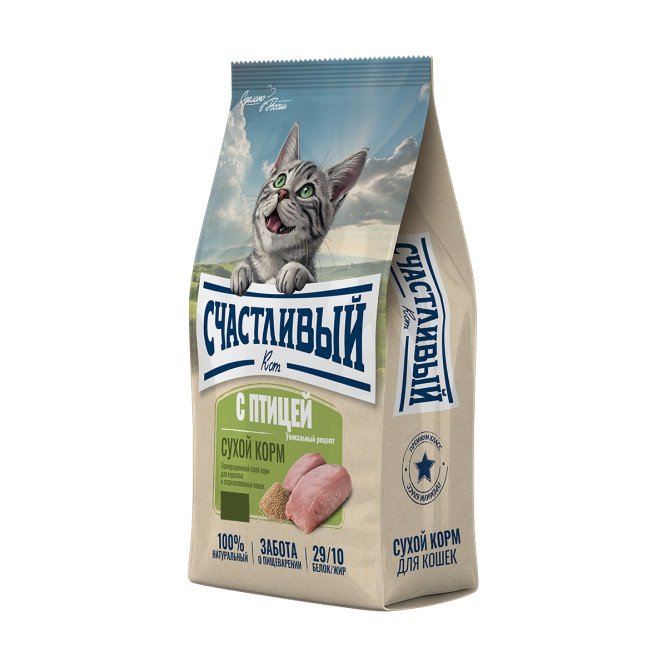 Счастливый кот сухой корм для взрослых стерилизованных кошек с птицей - 10 кг