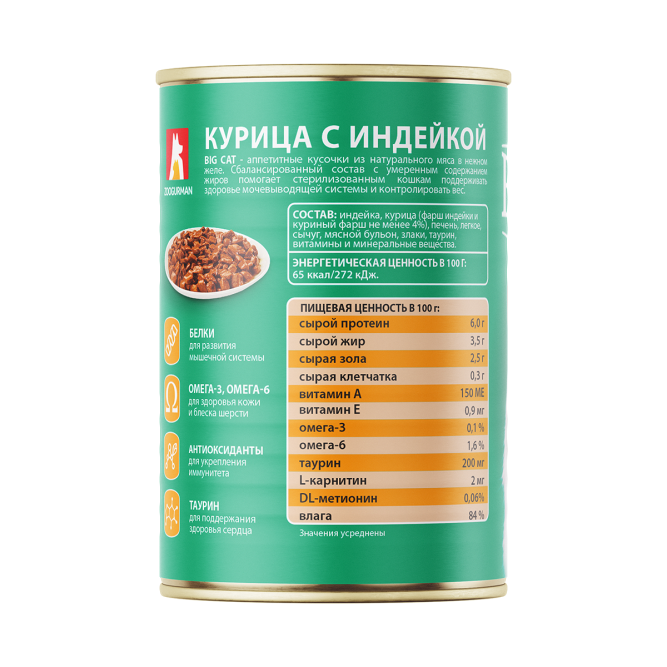 Зоогурман Big Cat Sterilized влажный корм для взрослых стерилизованных кошек и кастрированных котов, с курицей и индейкой, кусочки в желе - 350 г х 12 шт