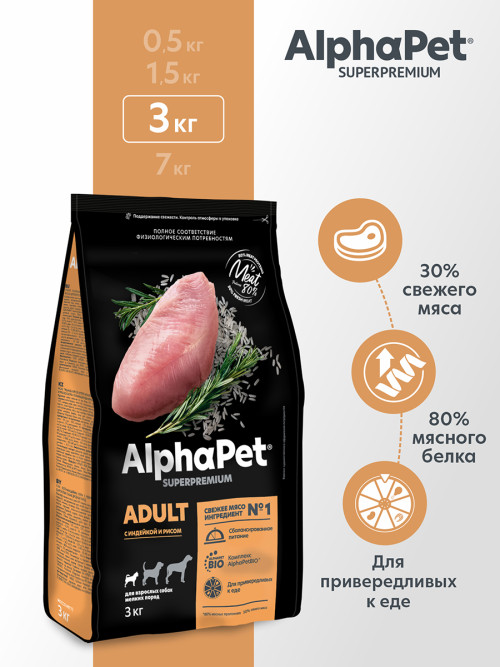 AlphaPet Superpremium сухой полнорационный корм для взрослых собак мелких пород с индейкой и рисом - 3 кг