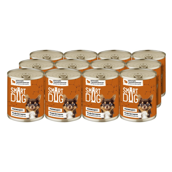 Smart Dog консервы для взрослых собак и щенков с индейкой и перепелкой кусочки в соусе - 240 г х 12 шт