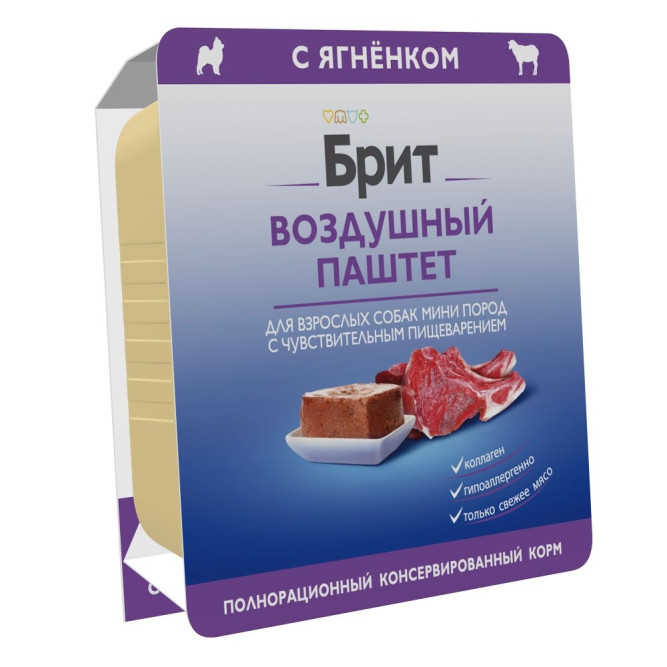Брит воздушный паштет для взрослых собак мелких пород с чувствительным пищеварением, с ягненком - 100 г х 14 шт