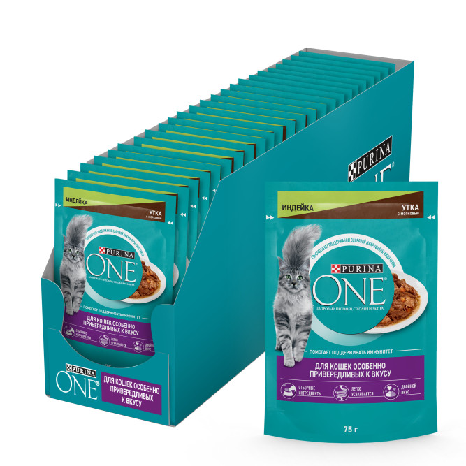 Purina ONE влажный корм для взрослых кошек, особенно привередливых ко вкусу, с индейкой, уткой и морковью, в паучах - 75 г х 26 шт