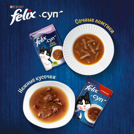 Felix неполнорационный влажный корм для взрослых кошек, суп с сочными ломтиками ягненка, в паучах - 48 г х 36 шт