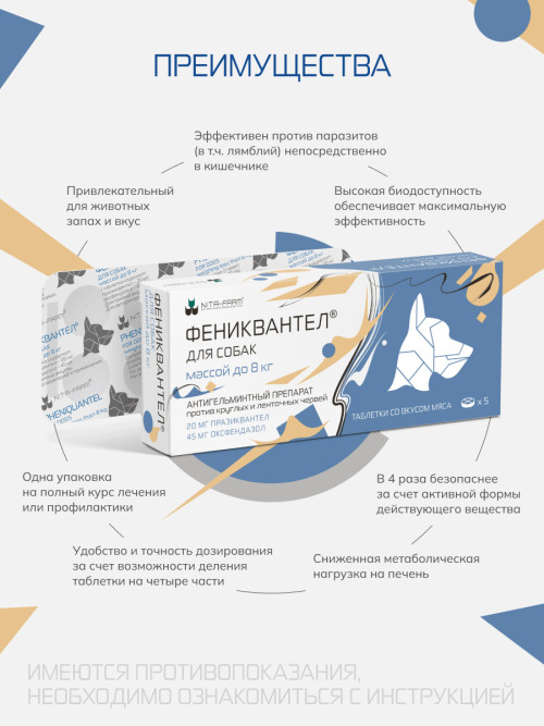 Фениквантел 20 мг антигельминтный препарат для собак - 5 таблеток