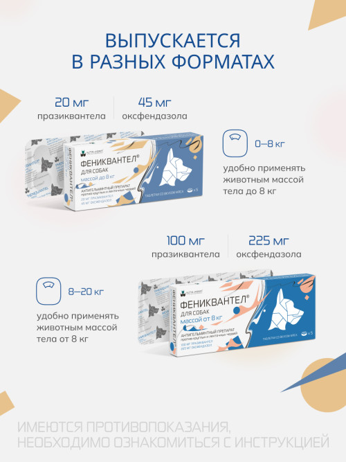 Фениквантел 20 мг антигельминтный препарат для собак - 5 таблеток