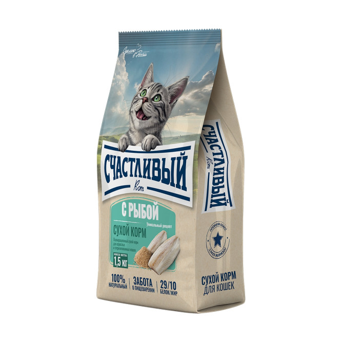Счастливый кот сухой корм для взрослых стерилизованных кошек с рыбой - 1,5 кг