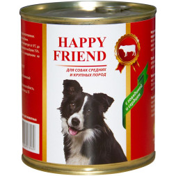 Happy Friend влажный корм для взрослых собак средних и крупных пород с говядиной и сердцем, в консервах - 750 г х 9 шт