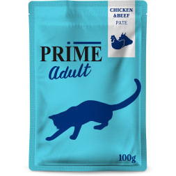 PRIME паштет для взрослых кошек с курицей и говядиной, в паучах - 100 г х 24 шт