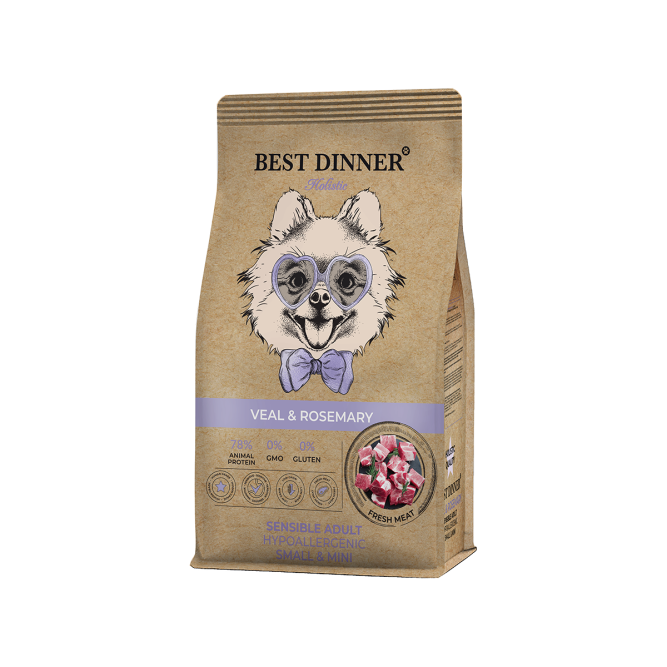 Best Dinner Holistic Adult Sensible Hypoallergenic Small &amp; Mini Veal&amp;Rosemary сухой корм для собак мелких пород склонных к аллергии и проблемам с пищеварением с телятиной и розмарином - 1,5 кг